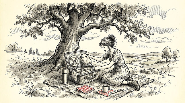 Vintage ink drawing of a person enjoying a peaceful picnic under the shade of a large mature tree in a rustic countryside setting preparing food from a basket on a blanket hand drawn black and whi