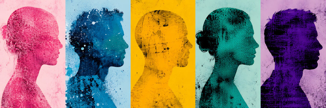 Silhouette profile faces in vibrant neon gradient colors isolated on transparent background