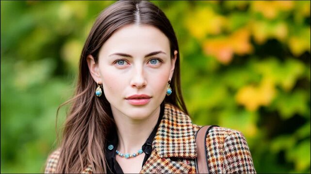 4K video of an elegant shy woman with blue eyes wearing a patterned blazer and turquoise jewelry, posed outdoors with blooming garden background.