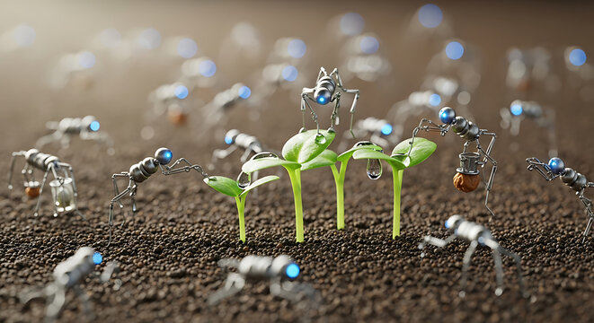 Tiny metallic robot ants tending to young green plant sprouts in soil, futuristic agricultural nanotechnology concept