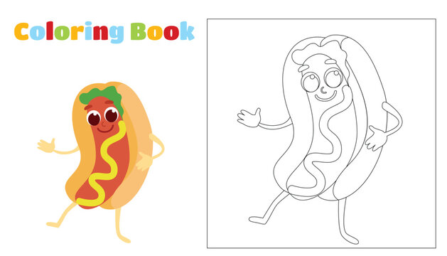 Coloring page the hot dog is smiling and looking happy. Fast food in the form of funny creatures. Character design in cartoon style.