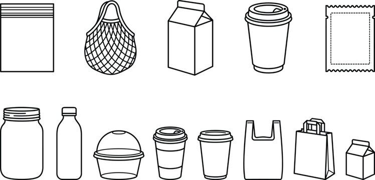 Eco friendly and zero waste packaging outline icon vector bundle for retail store shopping mockups