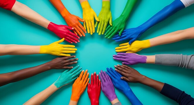 Happy friendship day diverse hands united in colorful circle of friendship