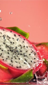 Drops of water fall on a tropical dragon fruit. Filmed on a high-speed camera at 1000 fps. High quality FullHD footage