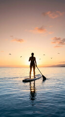 Fototapeta premium Woman Paddleboarding at Low Sun, Golden Horizon Glow and Soft Pastel Sky