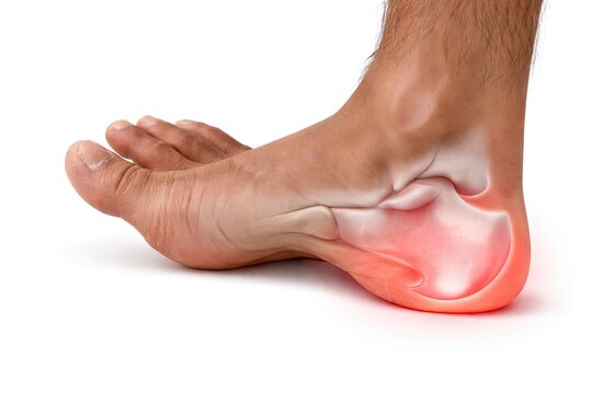 Human foot heel pain inflammation with highlighted calcareous bone plantar fascist is anatomy medical injury isolated on white background