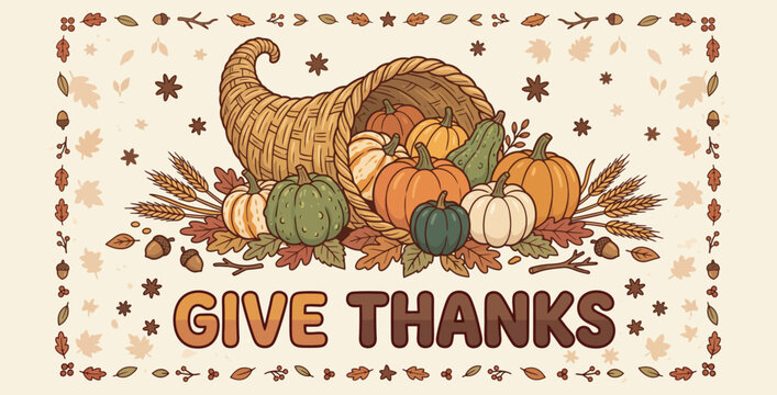 Abundant harvest cornucopia overflowing with pumpkins and gourds for Thanksgiving on transparent background