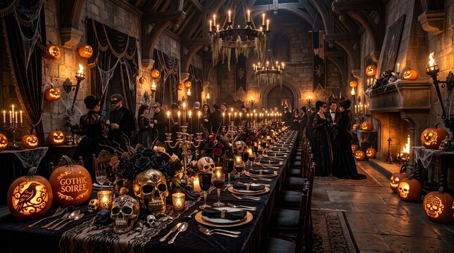 Elegant halloween party gothic soiree dinner with skulls and jack o' lanterns