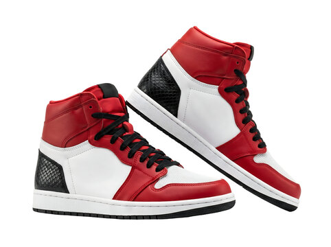 Pair of Red and White High-Top Basketball Sneakers with Snakeskin Texture Isolated on White Background - Professional Product Shot