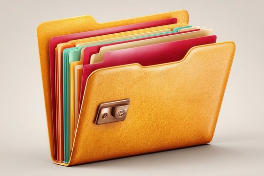 Leather document folder with colorful inserts and clasp