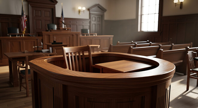 Empty wooden witness stand inside a traditional courtroom interior