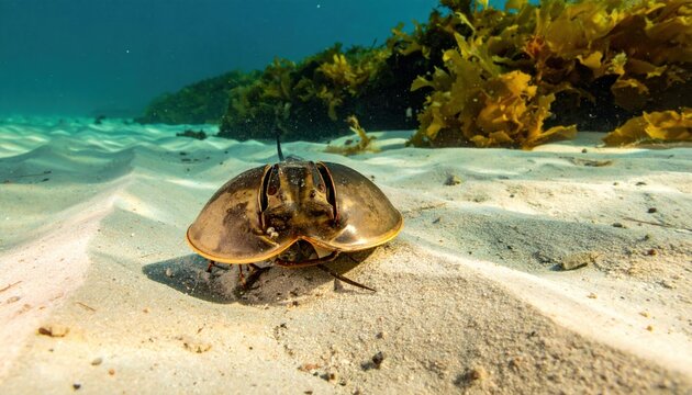 Ancient Horseshoe Crab Resting on Sandy Seabed with Aquatic Plants in Background