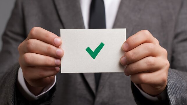 A suited person holds a white card with a green checkmark, conveying success