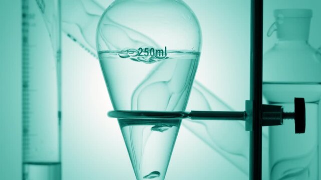 Scientific setup with ball absorber, graduated cylinder, bulb lab condenser and separatory funnel with pale cyan transparent liquid and air bubbles rising inside on cyan ramp bg
