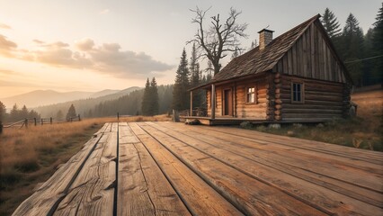 Naklejka premium Rustic wooden cabin nestled in a serene mountain landscape at sunset with warm, golden light illuminating the scene