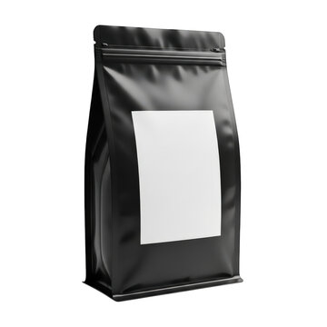Sealed black coffee bean bag standing upright against plain background isolated on transparent background