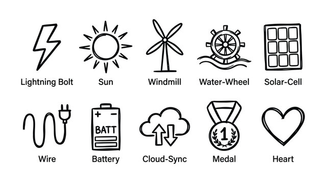 Clean Energy Icons Collection: A set of hand-drawn icons representing various sources of renewable energy and related concepts like battery, cloud sync, and medal, presented in a simple.
