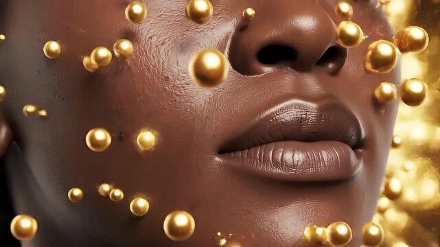 Closeup of skin cells with golden serum droplets representing skincare and antiaging benefits.