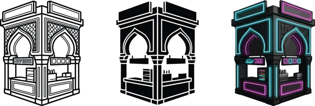 Collection of market stall icons featuring traditional and modern designs with neon accents perfect for urban or cultural concepts