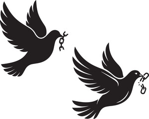 Fototapeta premium Two flying doves carrying broken chain links symbolizing peace and freedom
