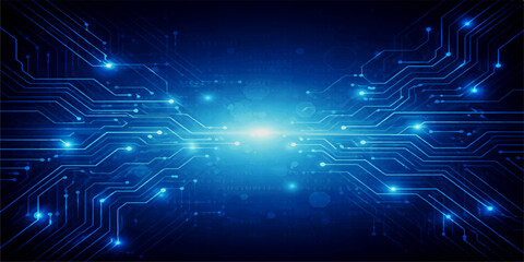 Fototapeta premium Blue Circuit Board Background with Glowing Blue Energy Lines, Futuristic Digital Space Technology Network Concept