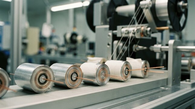 Medium shot of small radial capacitor cores showing precise rolling of anode separator and cathode foils into compact cylindrical elements in a clean manufacturing environment.