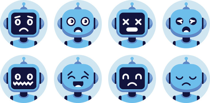 Set of blue cartoon AI chatbot emojis showing various sad angry and happy emotions.