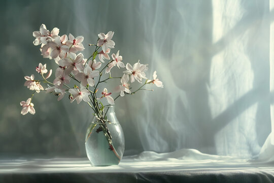 Delicate pink cherry blossom branches in a clear glass vase with soft light