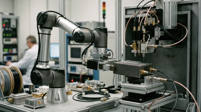 Automated robotic systems efficiently handle repeaters within a hightech RF test bay emphasizing streamlined wireless equipment inspection for performance assurance.