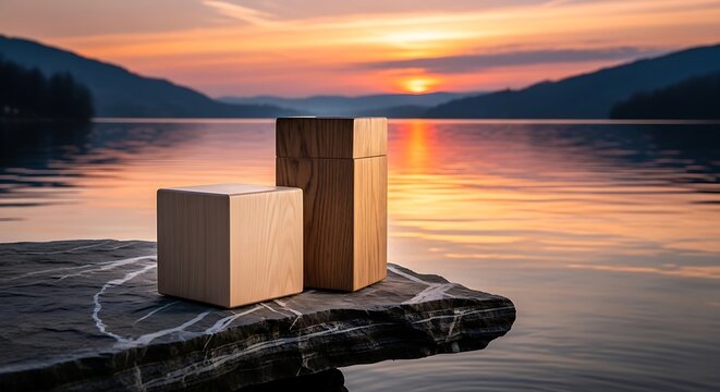 Minimal Wooden Cubes Resting on Stone Ledge Beside Calm Mountain Lake at Sunset