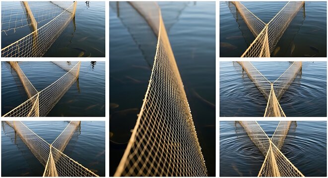 Fishing Net Arranged in Calm Water Collage