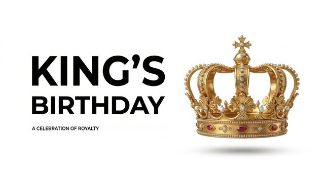 King's Birthday celebration banner, royal golden crown with jewels on white background, majestic monarchy holiday greeting card