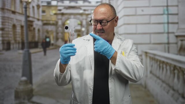 Man dentist in white coat with blue gloves holding dental mirror and probe, giving thumbs up on street; confidence care trust.