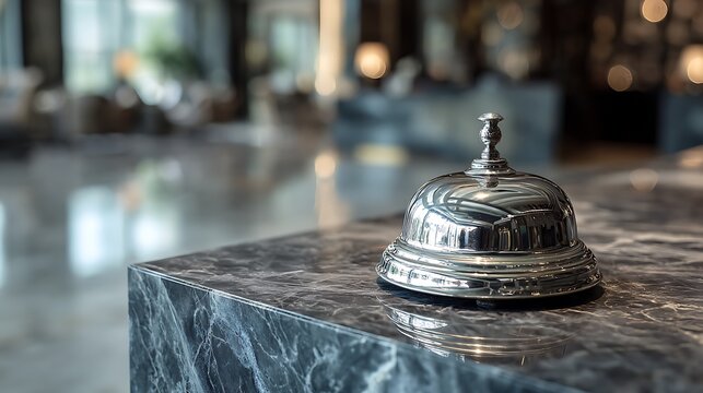 Shiny silver service bell on a marble countertop, blurred background of a lobby