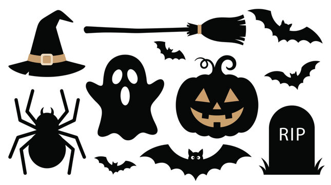 halloween silhouette icons with pumpkin ghost witch hat bats broom spider and tombstone for spooky festive design