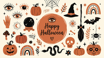 Happy halloween Boho abstract set. Bohemian mystical magic collection clip art hand drawing style. creative contemporary aesthetic doodle elements . Vector illustration © Ringgoku