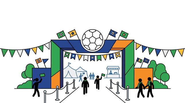 Soccer Fan Zone Entrance with Decorative Flags and Crowd