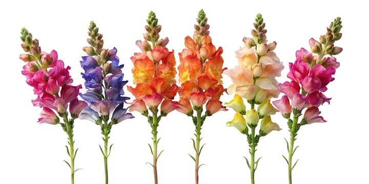 Five colorful snapdragons in a row - Bright bouquet of vibrant snapdragon flowers arranged neatly for a cheerful floral display.