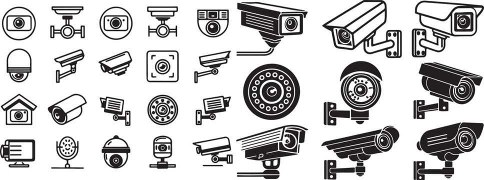 variety camera, cctv icons set black and white outline vector collections, clean strokes, isolated on white background	