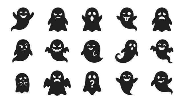 Set of cute ghost silhouettes. Funny and spooky cartoon phantom characters with various emotions, vector icon collection for Halloween design 