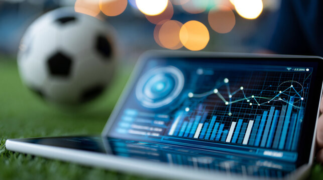 Football game performance analysis on a digital tablet screen, digital graphs and a soccer ball floating above the field, data visualization for team strategy planning concept,
