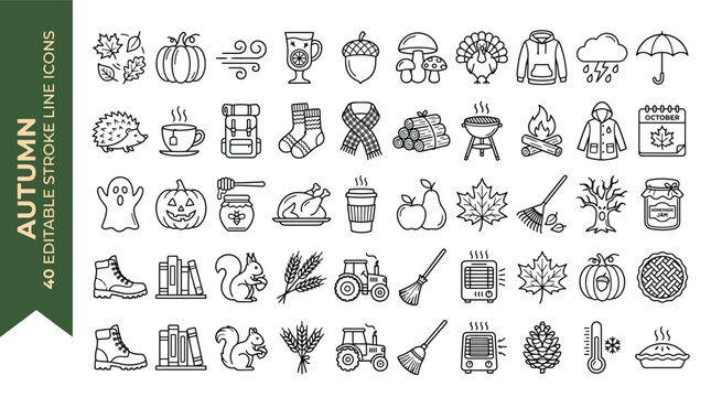 Autumn icon set. Containing season, fall, Halloween, Thanksgiving Day, pumpkin, turkey, falling leaves, mulled wine, maple leaf, rain and more. Editable line icons. Vector illustration.