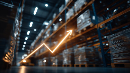 Naklejka premium Warehouse Growth Graph: A dynamic orange graph depicting upward trend ascends through a brightly lit warehouse aisle, showcasing inventory growth and logistics efficiency.