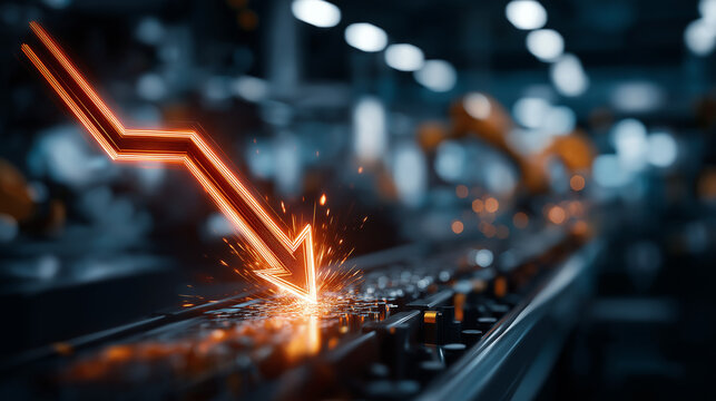 Industrial Downturn: A stark visual representation of economic decline, with a glowing orange downward arrow striking a conveyor belt in a factory setting, sparks flying.