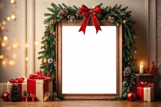 A Seasonal Delight: A Wooden Photo Frame Enraptured with Pine Cones, Berries, and Wrapped Gifts for Christmas