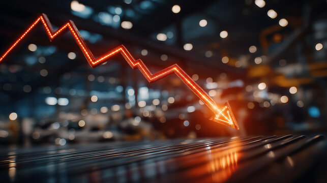 Financial Downslide: A vibrant red neon arrow charts a steep decline against a blurred industrial backdrop, symbolizing economic recession and market downturn.