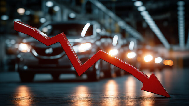 Automotive Industry Decline: A sharp red downward arrow graph illustrates a stark decline in the automotive industry, set against a backdrop of manufactured cars in a dimly lit factory.