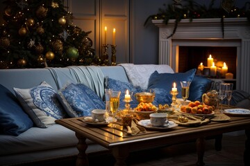 Fototapeta premium Festive holiday table setting with candles and clementines in a decorated warm interior