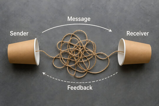 Communication process diagram with sender, message, receiver and feedback in line art style
