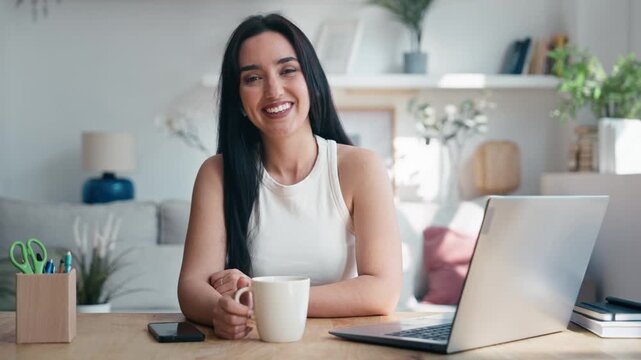 Video of beautiful woman looking at camera while working with laptop in the livingroom at home